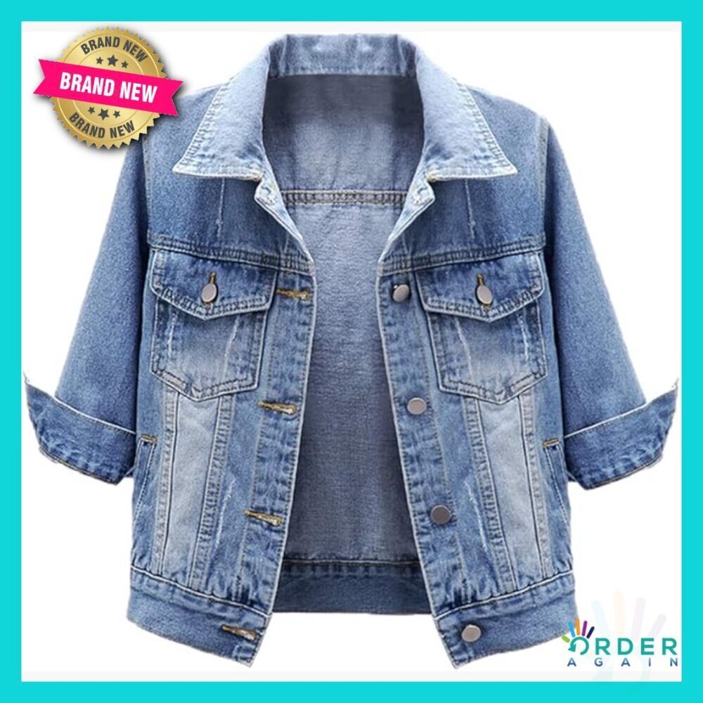 Cropped Denim Jacket 3/4 Sleeve Lightweight Chic Casual Modern Overcoat